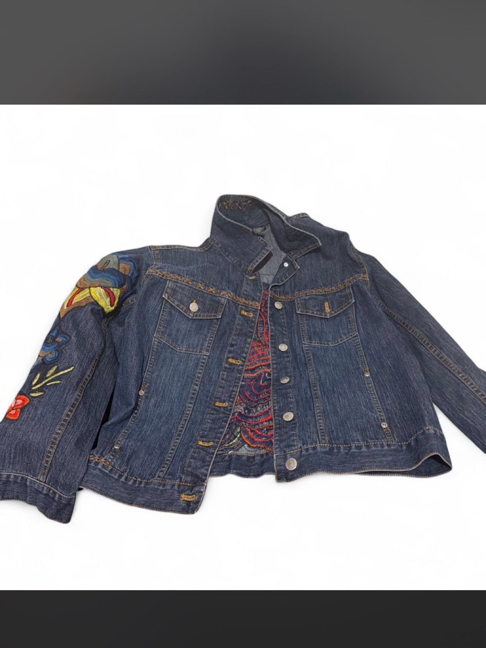 Chico's Dark Blue Denim Jacket with Contrast Topstitching